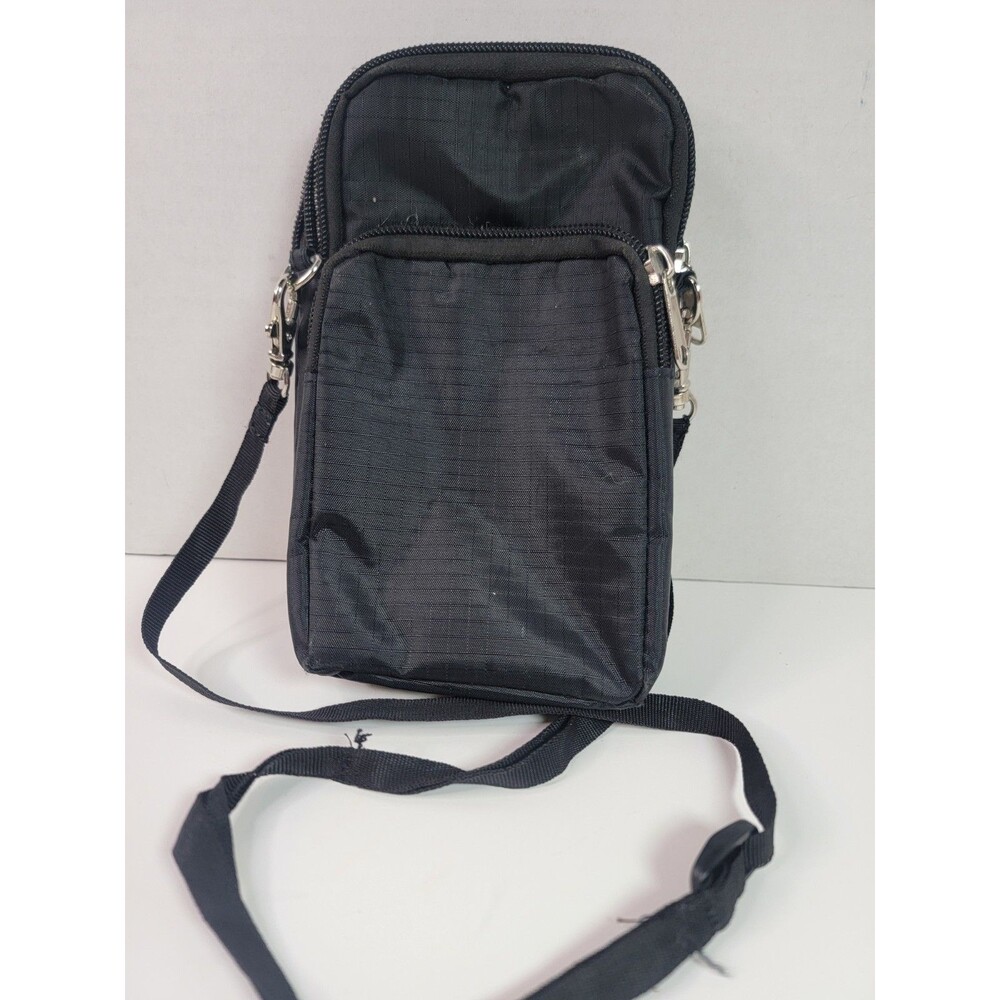Black Nylon Crossbody Phone Bag Travel Organizer Clear Pocket Multi Zip Strap